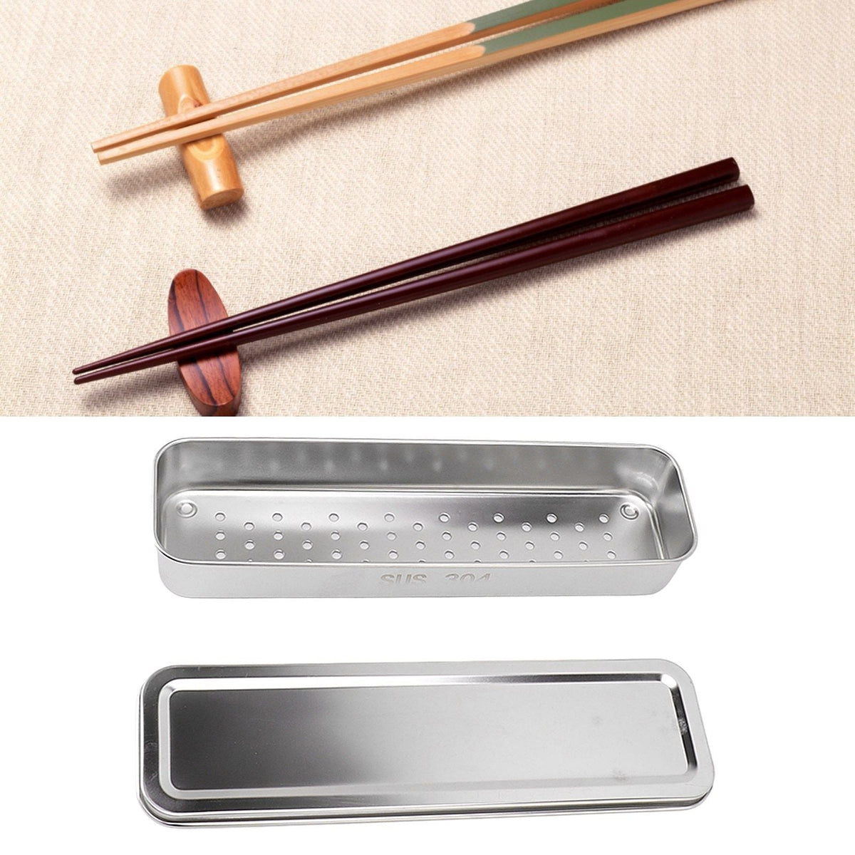 Stainless Steel Cutlery Tray in polished silver metal, with a removable flat lid and perforated draining base for chopsticks