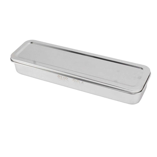 Stainless Steel Cutlery Tray in natural silver with a smooth removable lid and slim rectangular 304 steel body