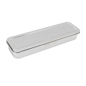 Stainless Steel Cutlery Tray in polished silver metal with a fitted lid and slim rectangular shape