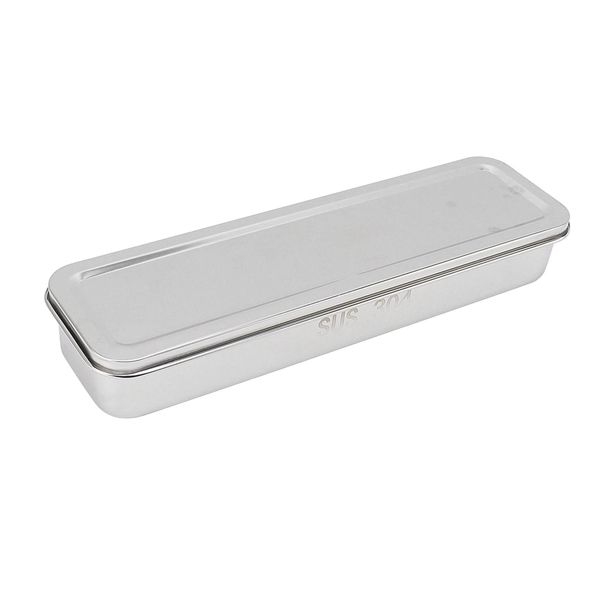 Stainless Steel Cutlery Tray in polished silver metal with a fitted lid and slim rectangular shape