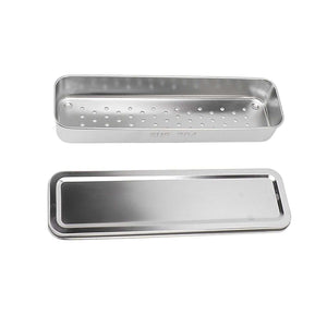 Stainless Steel Cutlery Tray in silver, with a slim rectangular metal body, perforated drainage base and separate lid
