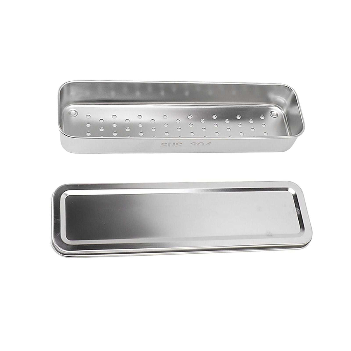 Stainless Steel Cutlery Tray in silver, with a slim rectangular metal body, perforated drainage base and separate lid