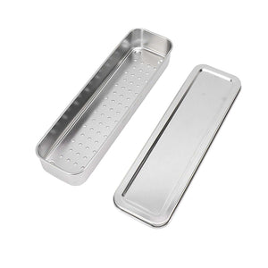 Stainless Steel Cutlery Tray in silver stainless steel, with a perforated draining base and a separate fitted lid.