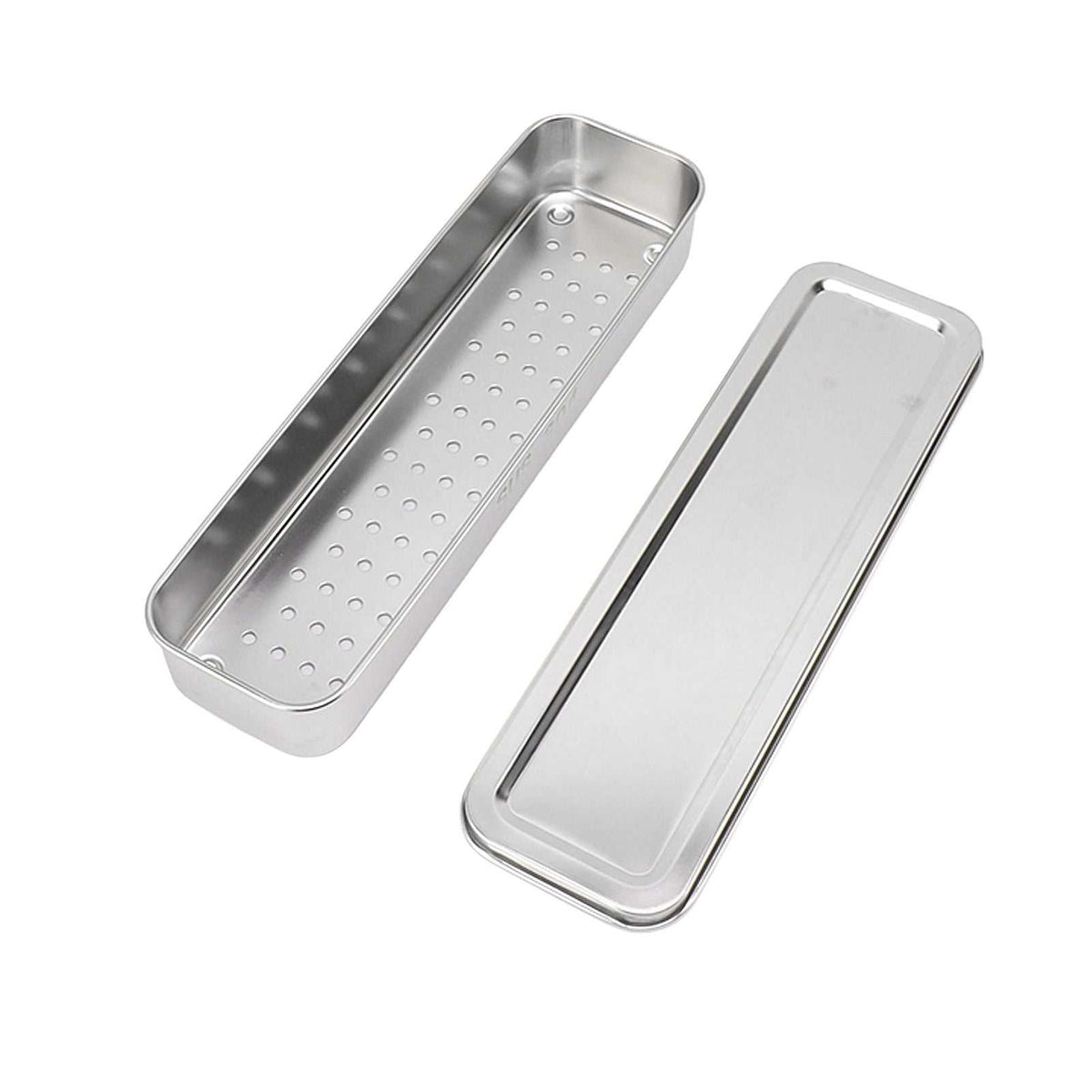 Stainless Steel Cutlery Tray in silver stainless steel, with a perforated draining base and a separate fitted lid.