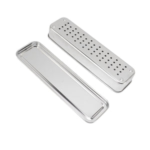 Stainless Steel Cutlery Tray in silver with a sleek rectangular metal body and perforated lid for draining