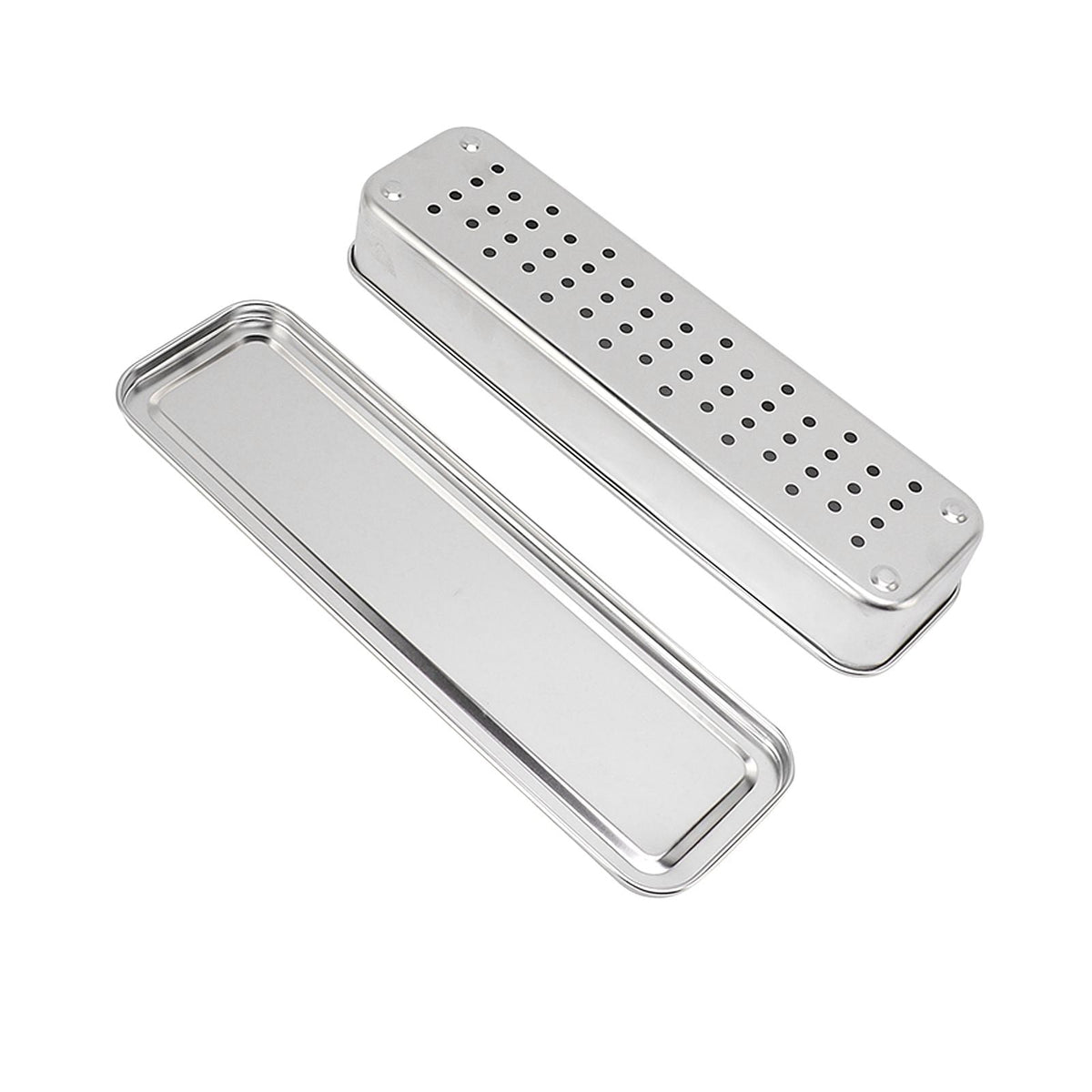 Stainless Steel Cutlery Tray in silver with a sleek rectangular metal body and perforated lid for draining