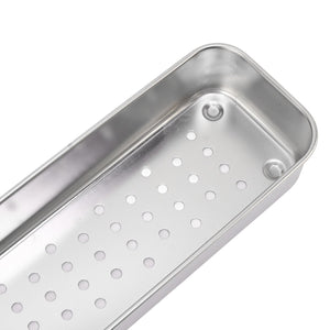 Stainless Steel Cutlery Tray in silver stainless steel with rounded corners and a perforated base for draining
