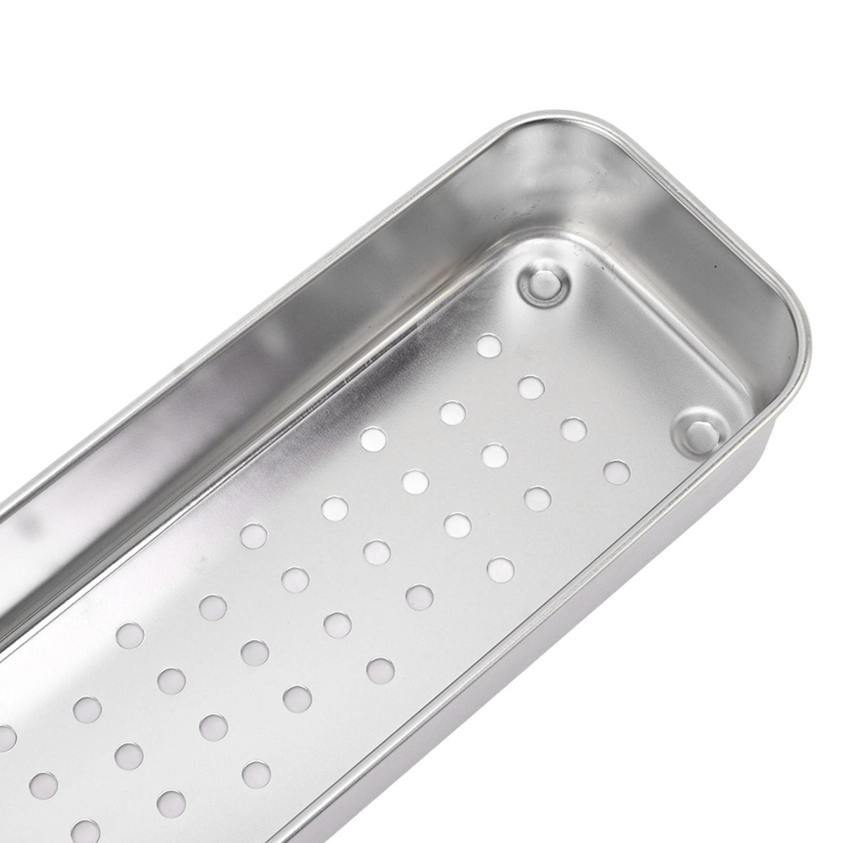 Stainless Steel Cutlery Tray in silver stainless steel with rounded corners and a perforated base for draining
