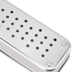 Stainless Steel Cutlery Tray in silver stainless steel, with a rectangular lid and rows of drainage holes