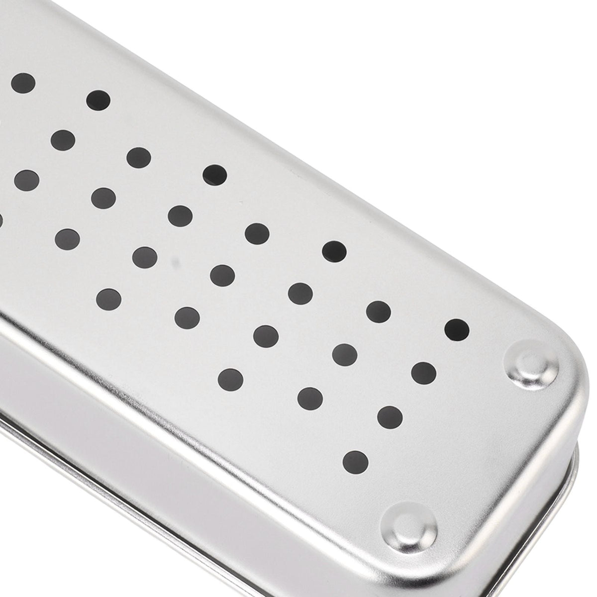 Stainless Steel Cutlery Tray in silver stainless steel, with a rectangular lid and rows of drainage holes