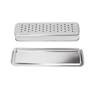 Stainless Steel Cutlery Tray in silver with a rectangular metal base and perforated removable lid for draining