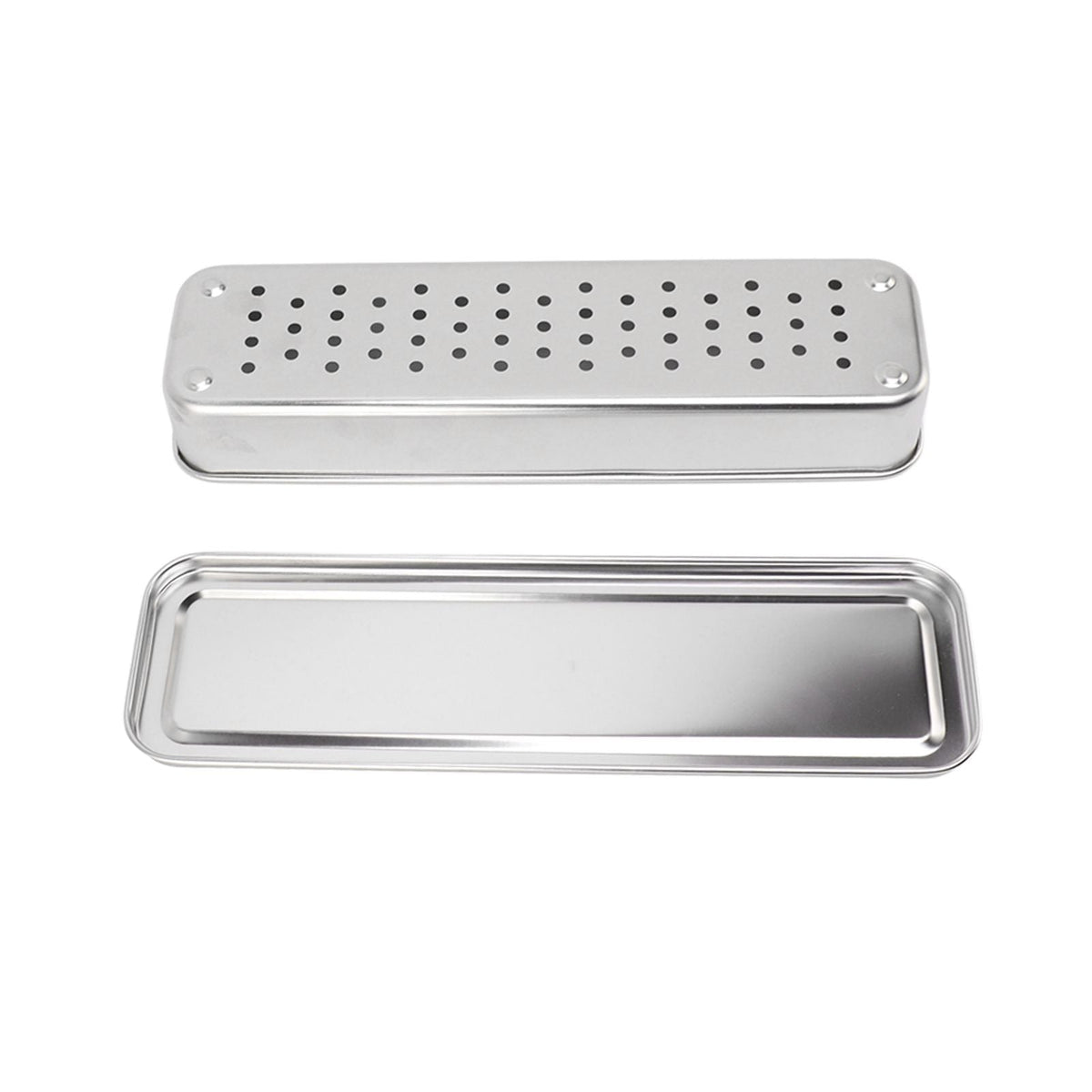 Stainless Steel Cutlery Tray in silver with a rectangular metal base and perforated removable lid for draining
