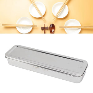 Stainless Steel Cutlery Tray in natural silver, with a slim rectangular shape, fitted lid and polished metal finish