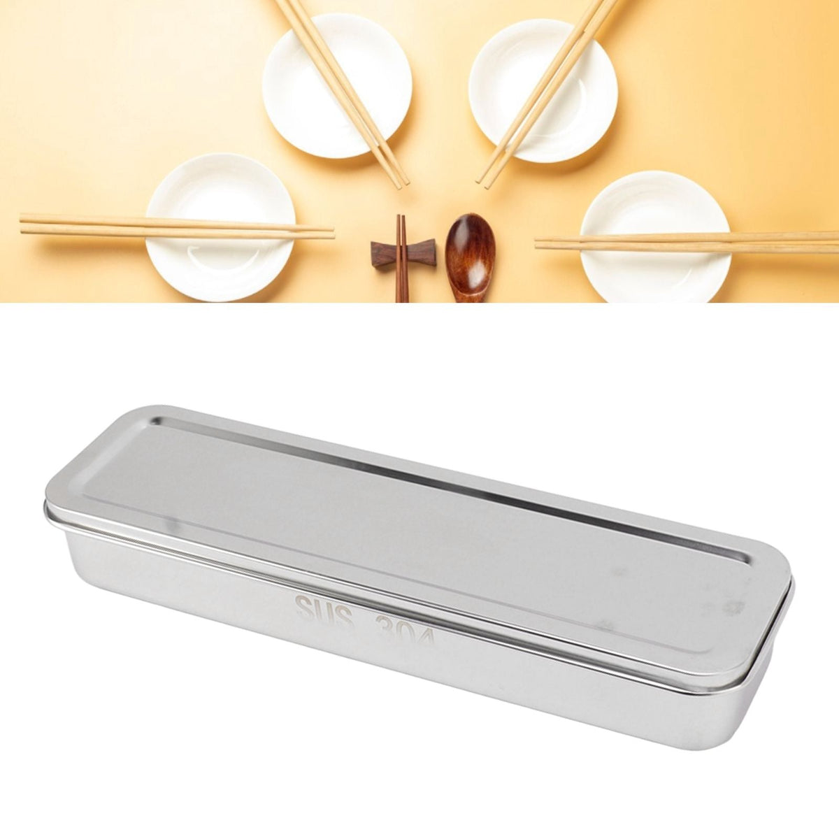 Stainless Steel Cutlery Tray in natural silver, with a slim rectangular shape, fitted lid and polished metal finish