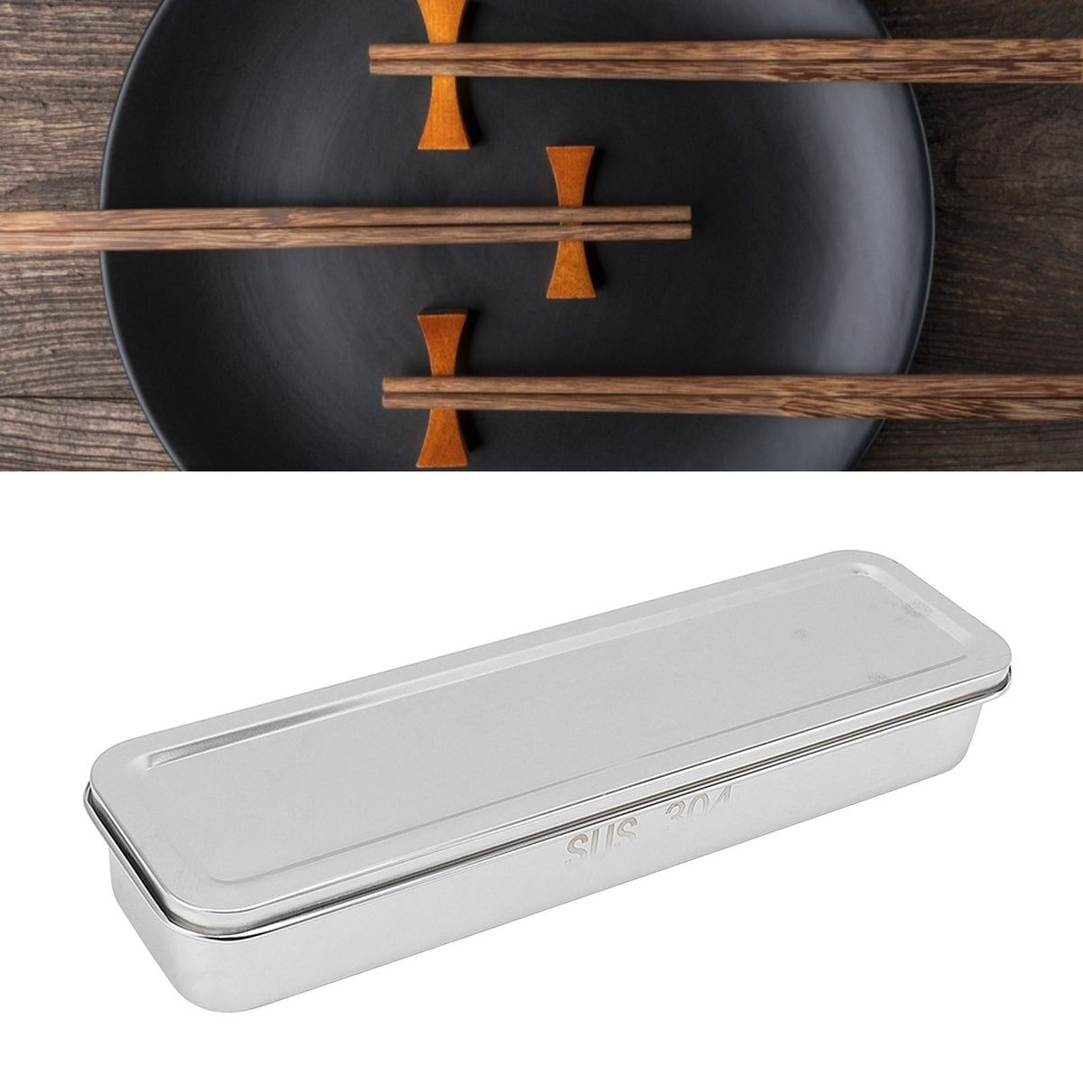 Stainless Steel Cutlery Tray in polished silver metal, with a slim rectangular shape and fitted lid