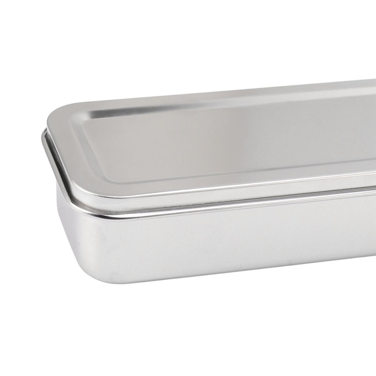 Stainless Steel Cutlery Tray in silver stainless steel, with a smooth rectangular body and fitted lid