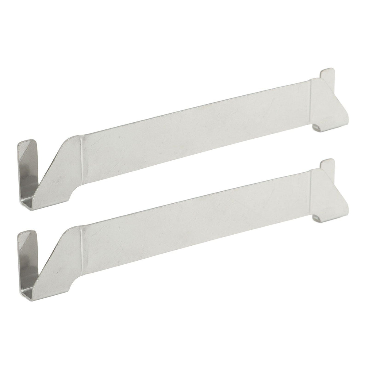 Stainless Steel Griddle Spatula Holder two-piece set in silver stainless steel, with long flat arms and angled clip-on ends