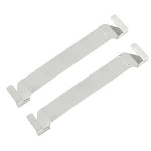 Stainless Steel Griddle Spatula Holder, a pair of silver metal clip-on racks with flat bars and bent end hooks