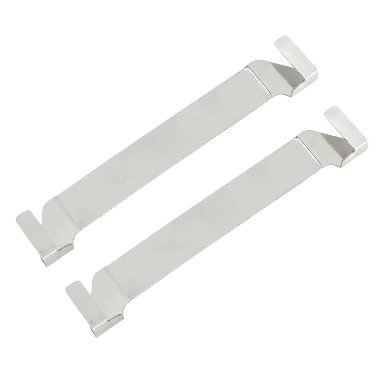 Stainless Steel Griddle Spatula Holder, a pair of silver metal clip-on racks with flat bars and bent end hooks