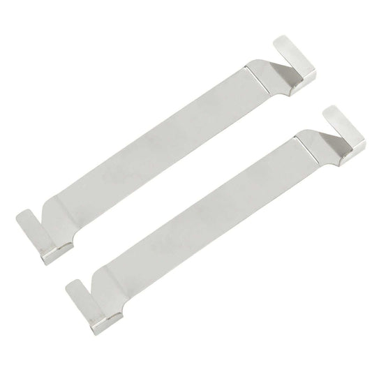 Stainless Steel Griddle Spatula Holder, a pair of silver metal clip-on racks with flat bars and bent end hooks