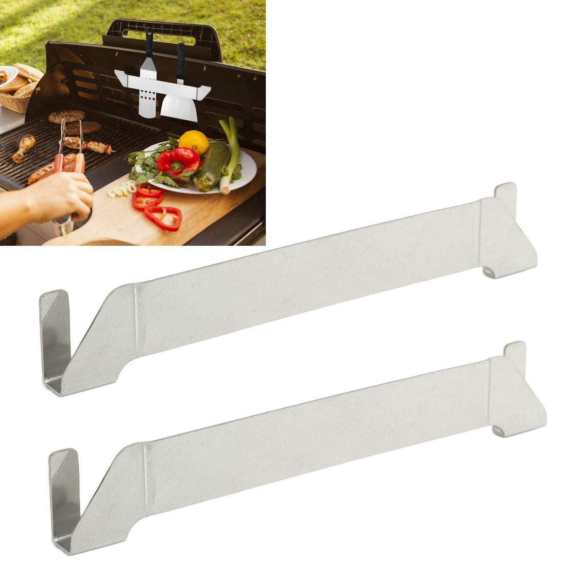 Stainless Steel Griddle Spatula Holder two-piece set in silver metal, with angled clip-on ends for hanging flat BBQ tools