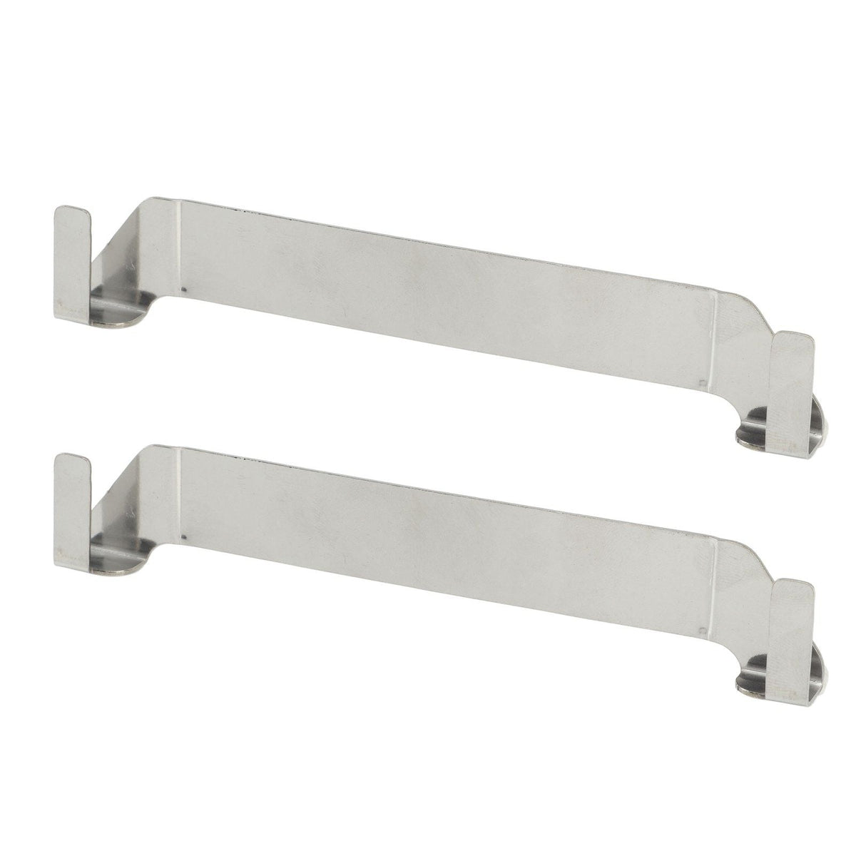 Stainless Steel Griddle Spatula Holder pair in silver stainless steel, with long flat bars and raised clip-on ends