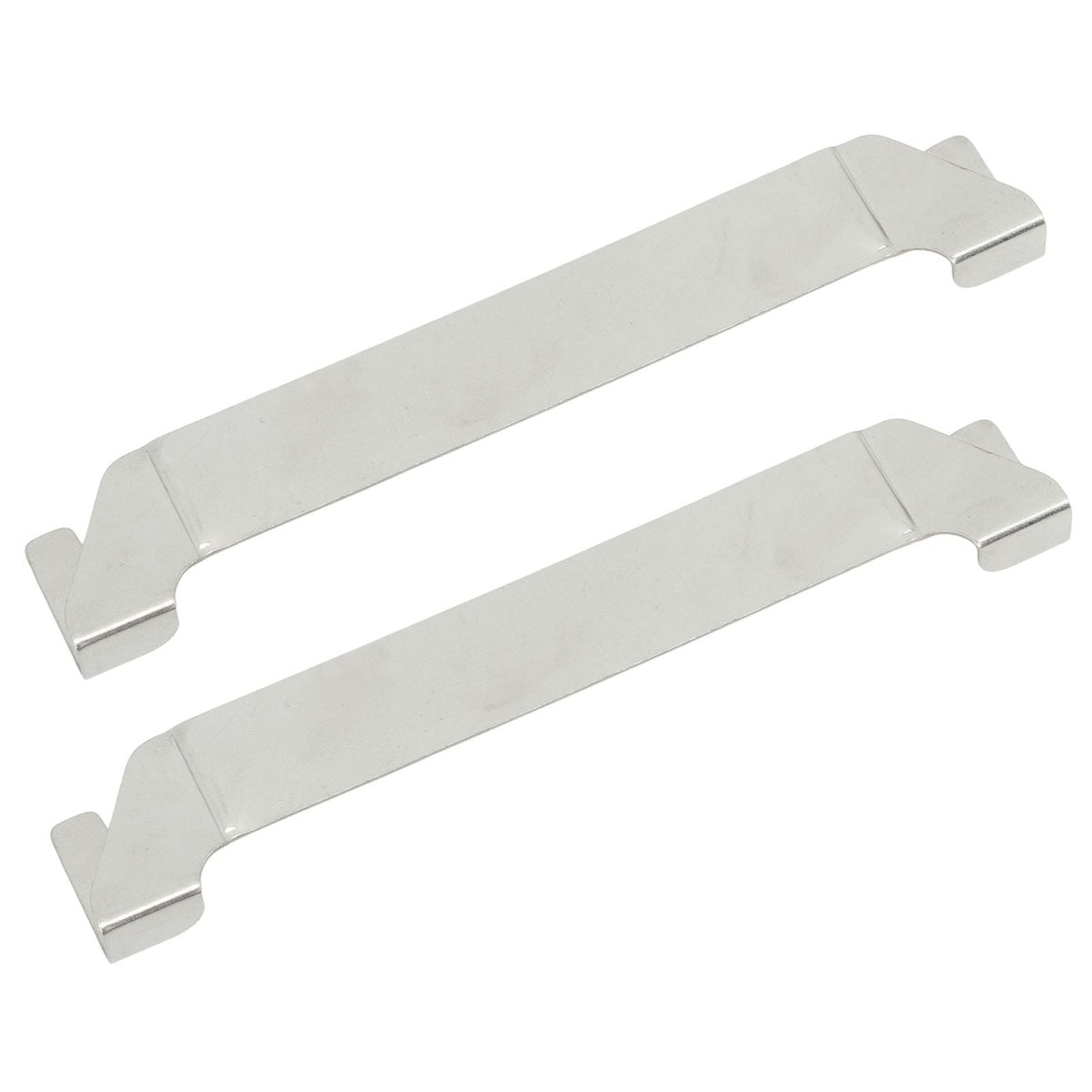 Stainless Steel Griddle Spatula Holder pair with a brushed silver finish, flat bars and angled clip-on ends