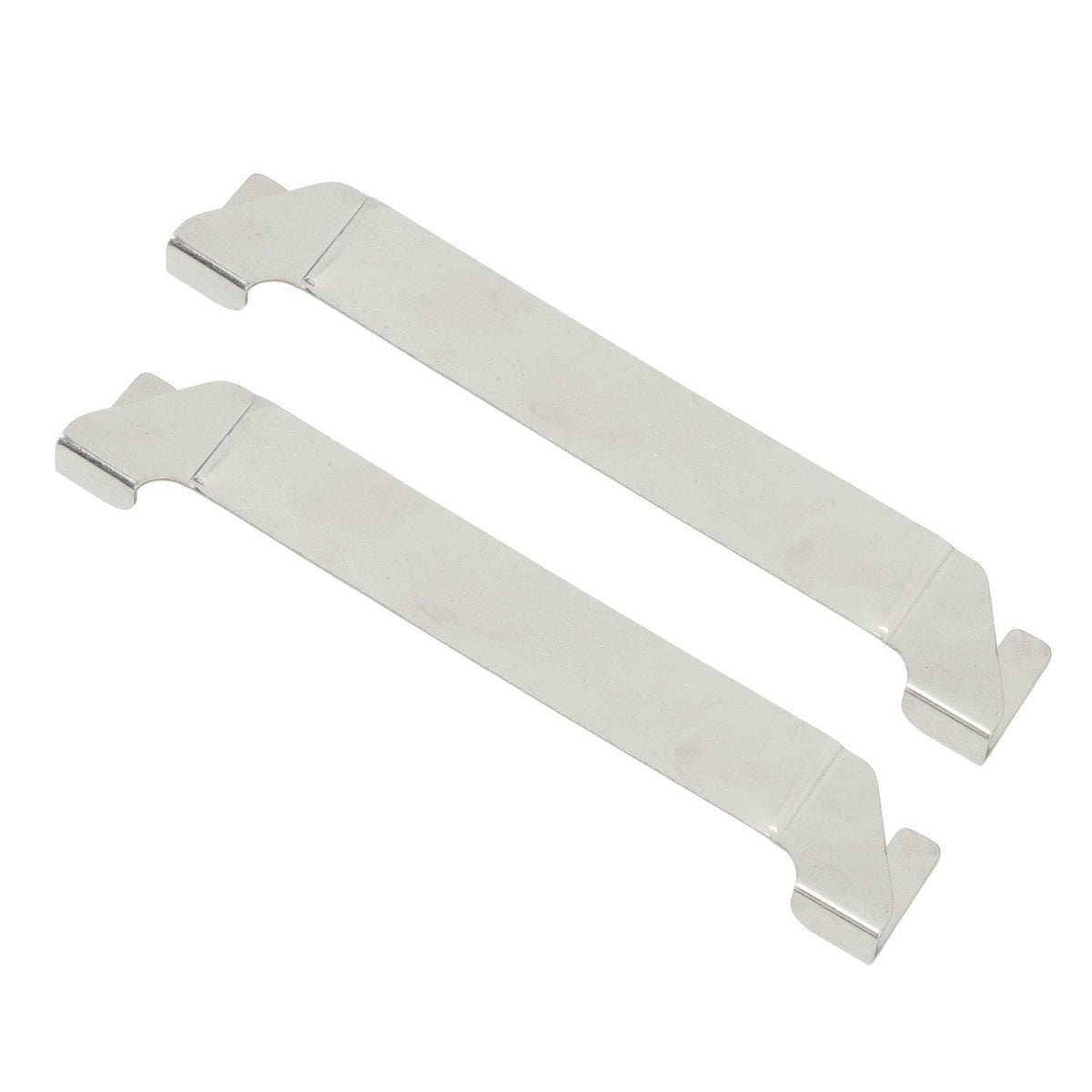 Stainless Steel Griddle Spatula Holder pair in silver metal, with long flat arms and bent clip-on ends