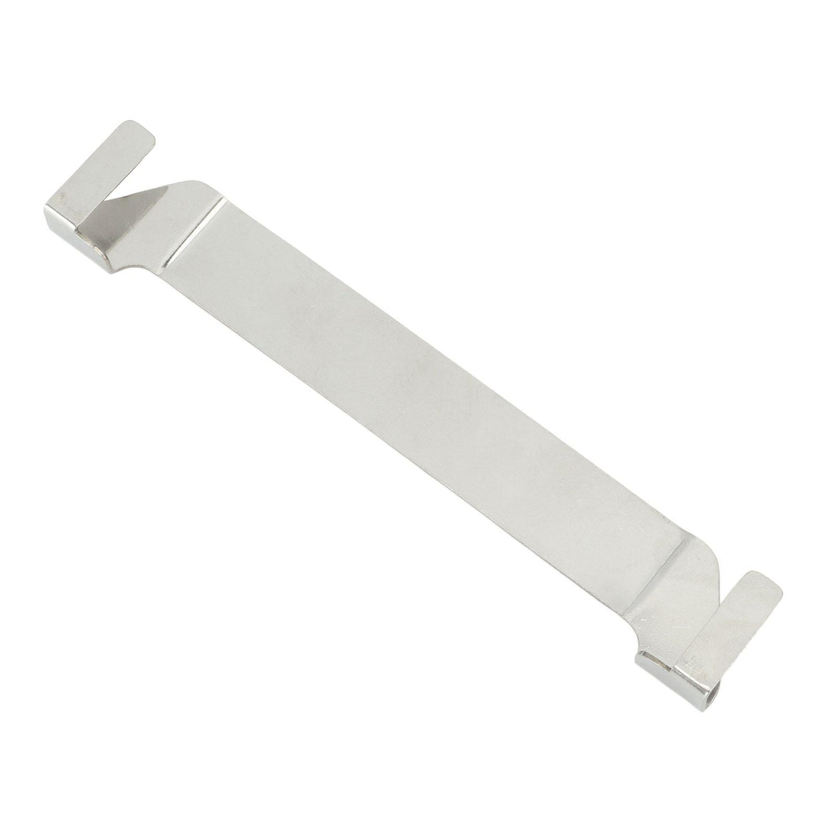 Stainless Steel Griddle Spatula Holder in polished silver steel, with a flat bar and raised clips at both ends