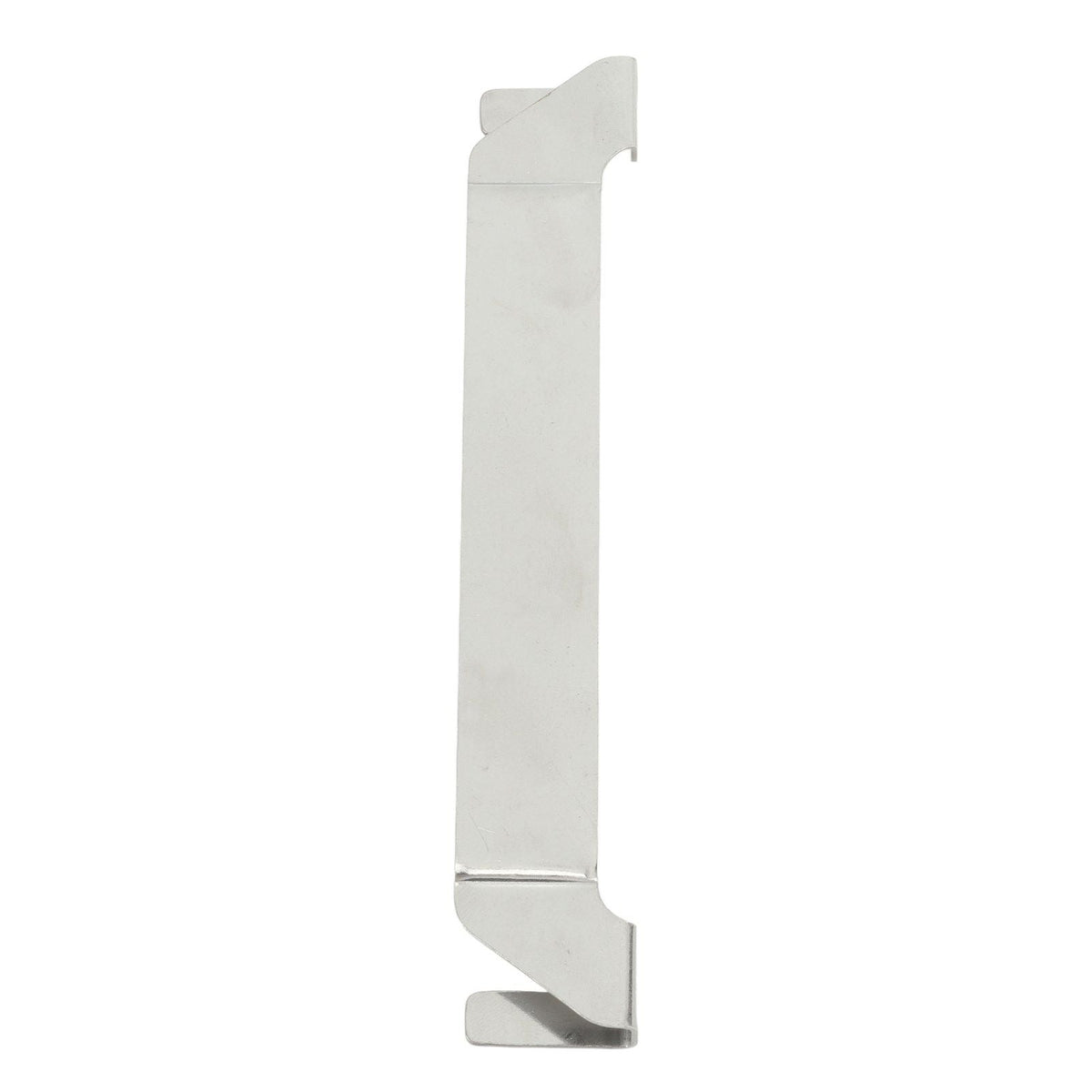 Stainless Steel Griddle Spatula Holder in silver metal, with a long flat body and angled clip-on ends