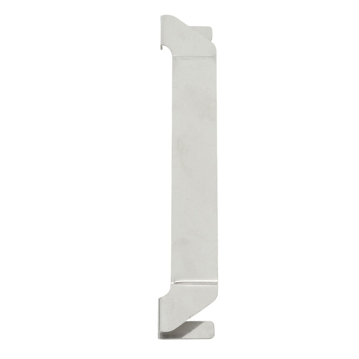Stainless Steel Griddle Spatula Holder in silver metal, with a long flat body and angled clip-on ends