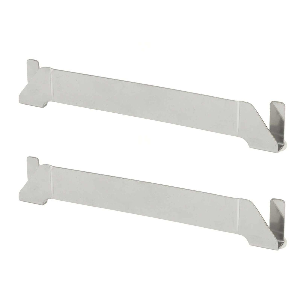 Stainless Steel Griddle Spatula Holder two-pack in silver metal, with long flat arms and raised clip-on ends