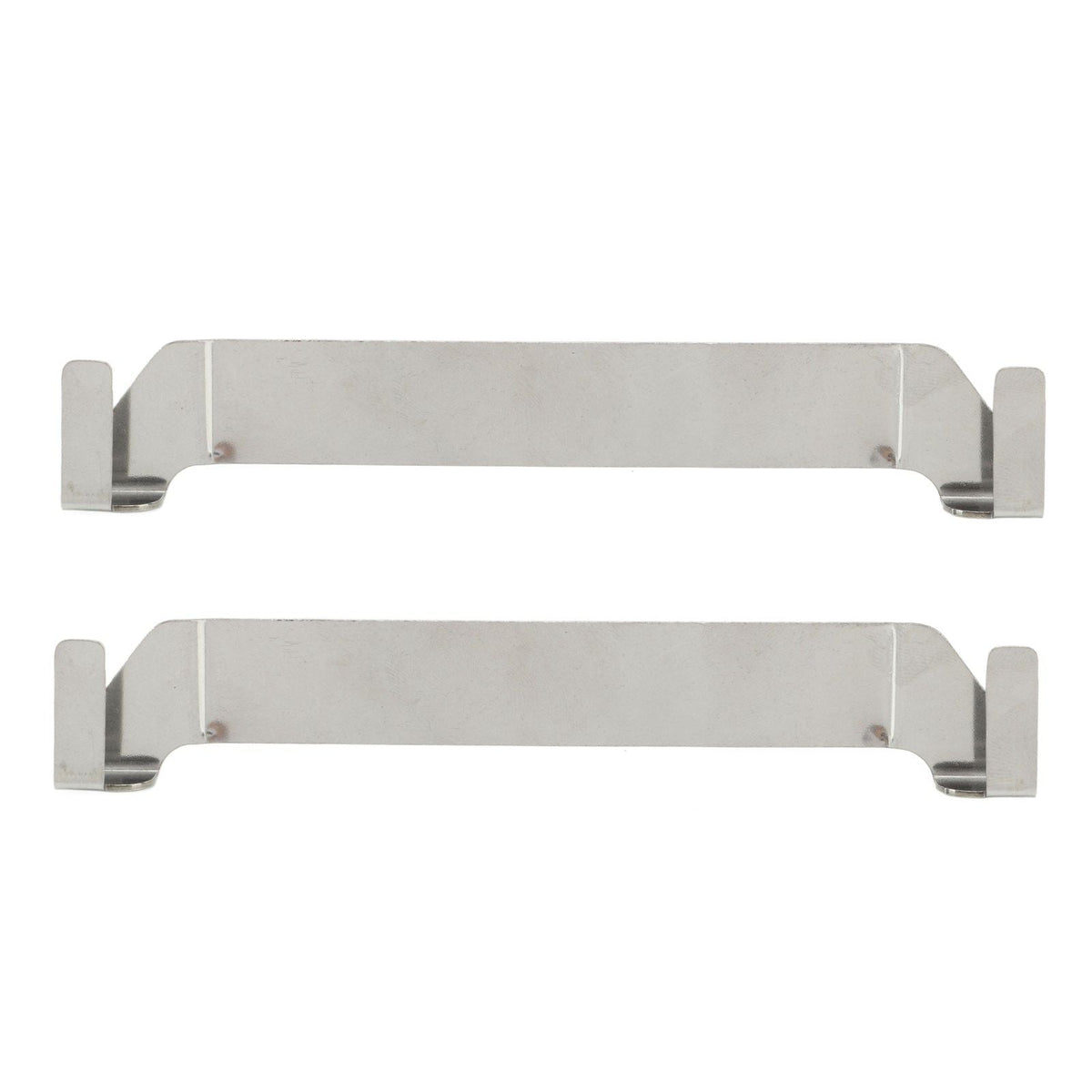 Stainless Steel Griddle Spatula Holder two-piece set in silver metal, with flat bars and hooked clip-on ends