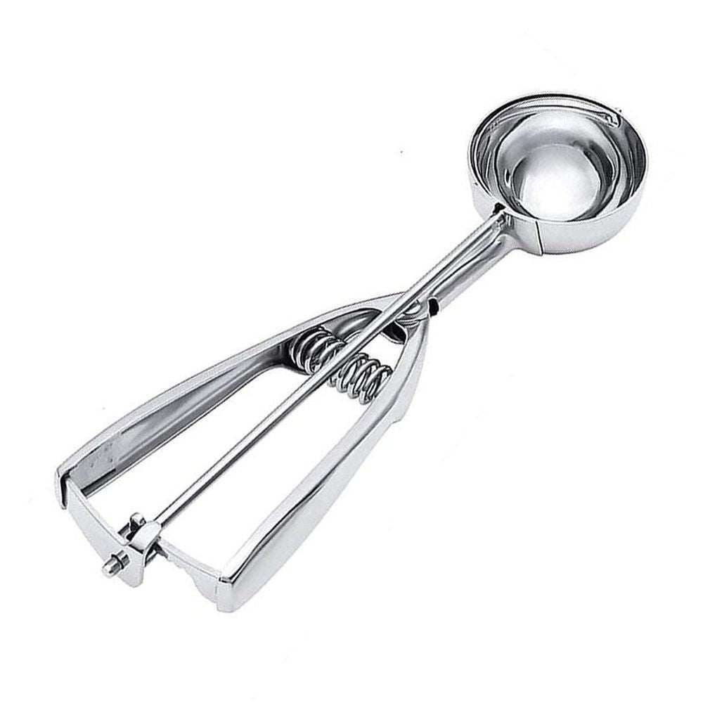 Stainless Steel Ice Cream Spoon in polished silver metal, with a round scoop bowl and spring-loaded squeeze handle