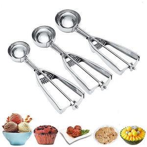 Stainless Steel Ice Cream Spoon set with three polished silver scoops, spring-release handles and rounded bowls