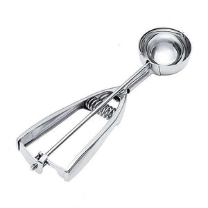 Stainless Steel Ice Cream Spoon in polished silver metal, with a rounded scoop bowl and spring-loaded release handle