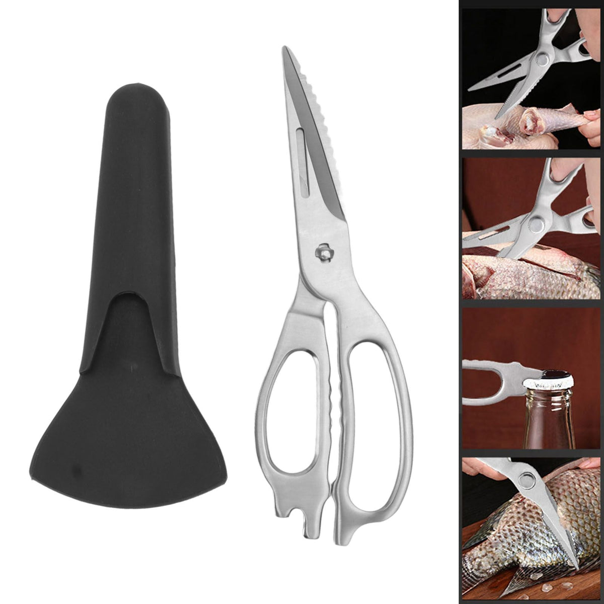 Stainless Steel Kitchen Scissors with silver metal blades, ergonomic handles and a black protective sheath
