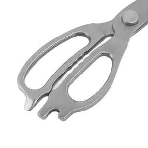 Stainless Steel Kitchen Scissors in silver metal with broad blades, ergonomic oval handles and integrated serrated grip