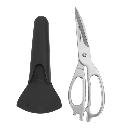 Stainless Steel Kitchen Scissors with silver serrated blades, ergonomic handles and a black magnetic storage sheath