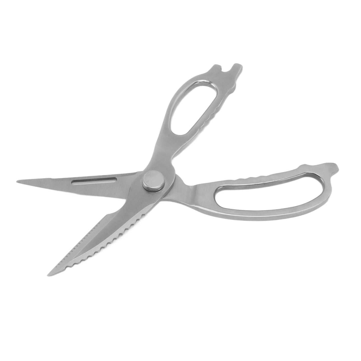 Stainless Steel Kitchen Scissors in silver stainless steel with elongated handles, serrated blade, and built-in nutcracker notch