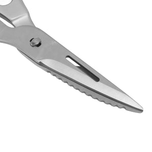 Stainless Steel Kitchen Scissors with silver metal blades, a serrated edge and an elongated slot near the tip