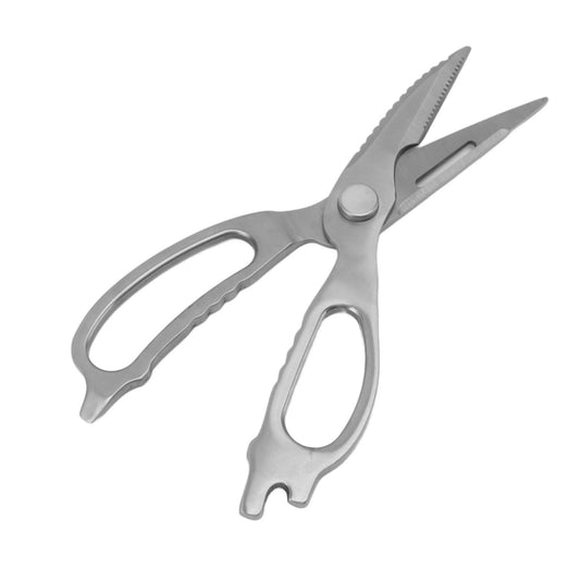 Stainless Steel Kitchen Scissors with silver metal blades, ergonomic handles, and a serrated edge for cutting
