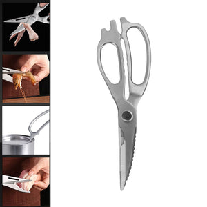 Stainless Steel Kitchen Scissors with silver metal blades, ergonomic loop handles, and a serrated cutting edge