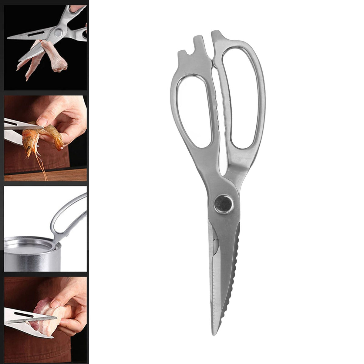 Stainless Steel Kitchen Scissors with silver metal blades, ergonomic loop handles, and a serrated cutting edge