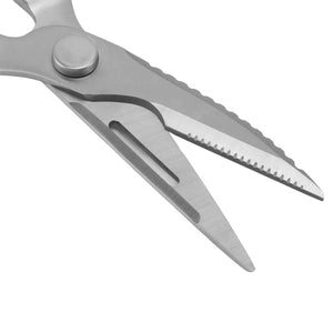 Stainless Steel Kitchen Scissors with silver metal blades, one serrated edge, and a narrow groove in the lower blade