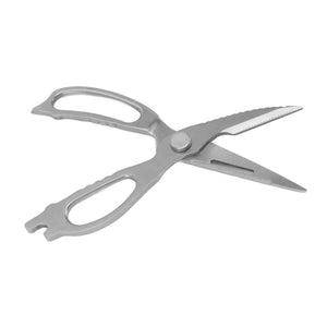 Stainless Steel Kitchen Scissors in silver metal with long serrated blades, contoured handles and a central pivot
