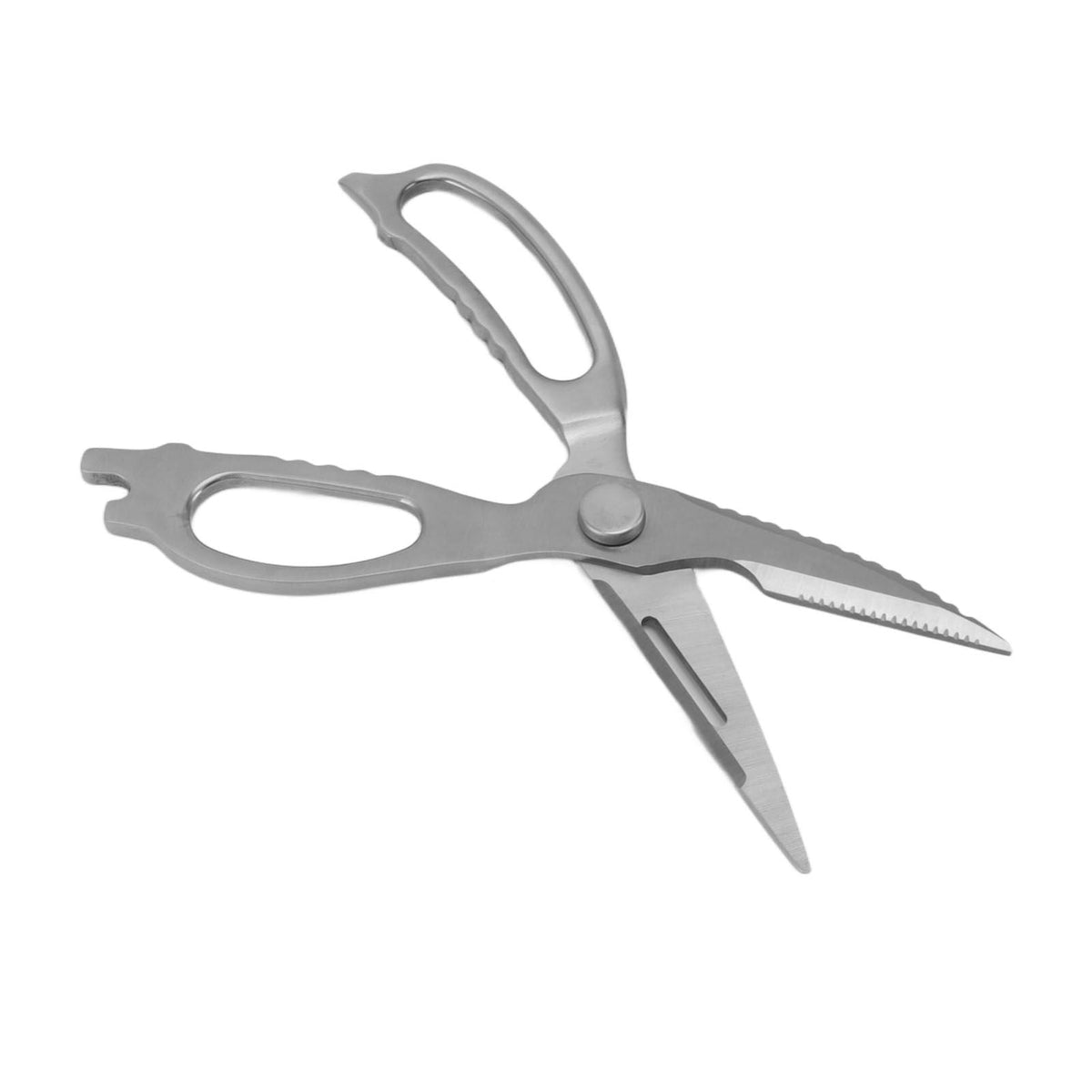 Stainless Steel Kitchen Scissors with silver metal blades, elongated ergonomic handles, serrated cutting edge and built-in opener