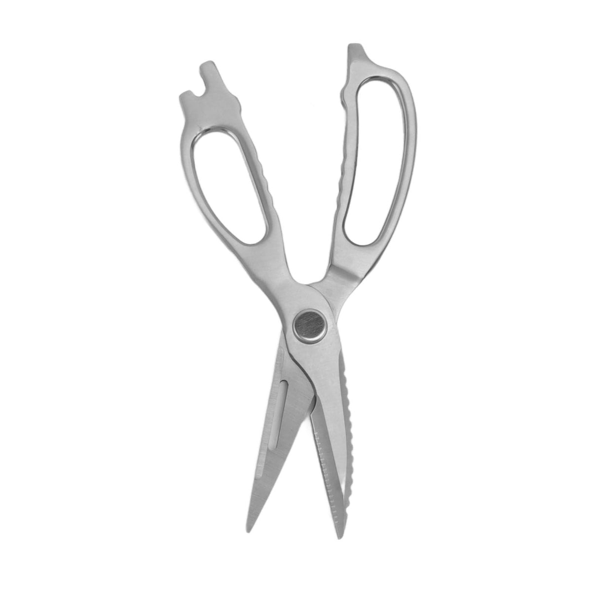 Stainless Steel Kitchen Scissors in silver metal with contoured handles, serrated blades and built-in grip details