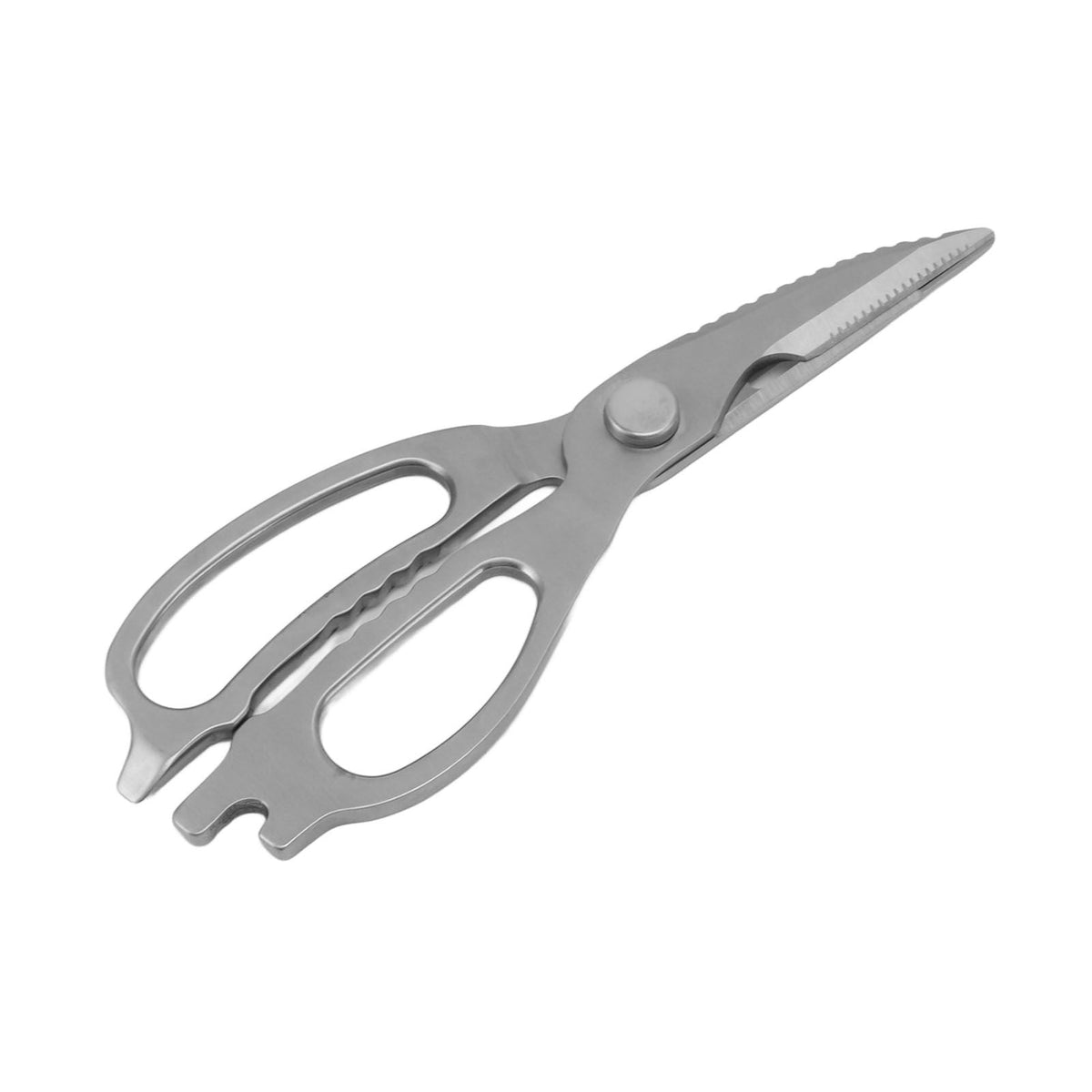 Stainless Steel Kitchen Scissors in silver stainless steel with serrated blades, ergonomic handles, and a built-in opener notch