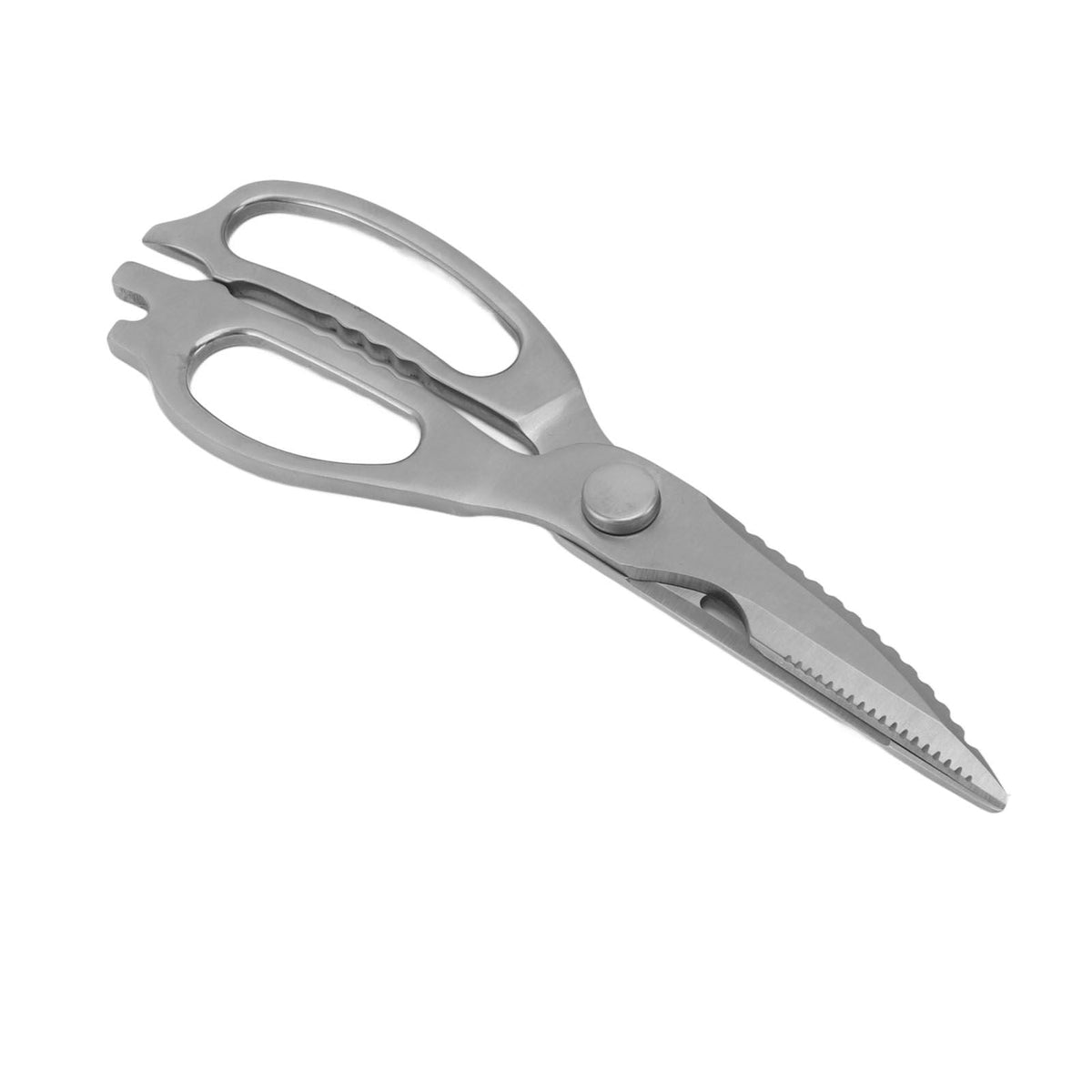 Stainless Steel Kitchen Scissors in silver metal with ergonomic oval handles and serrated blades for heavy-duty cutting